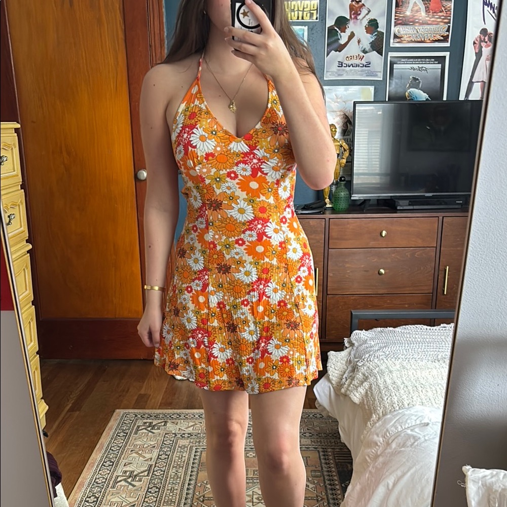 Bershka Orange and White Floral Dress